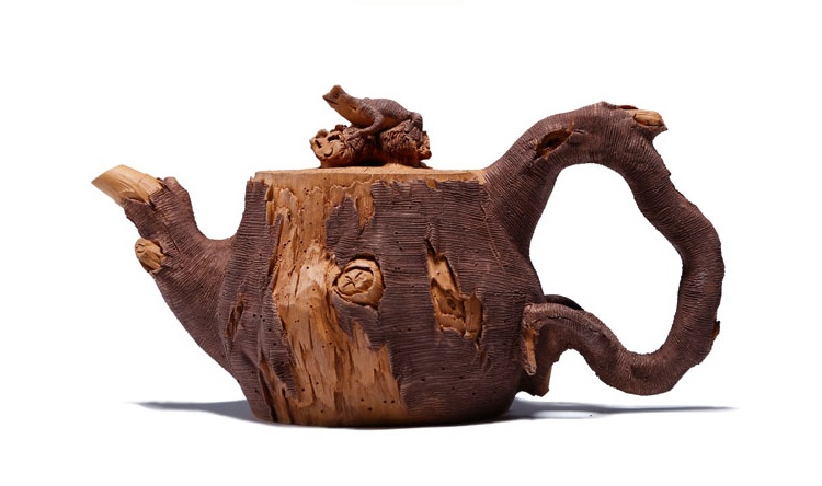 仿木外皮紫砂壺，創(chuàng)意木樁手工雕刻紫砂壺